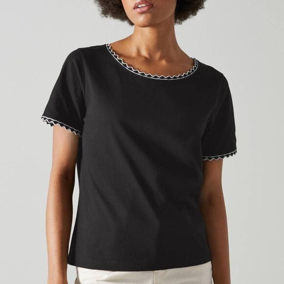 LK Bennett Adalyn Top LARGE Black Scalloped Short Sleeve 100% Cotton Round Neck - Picture 1 of 7